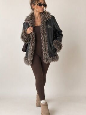 Baby Phat Y2K Faux Leather Faux Fur Trim Jacket Black Brown L 2000s